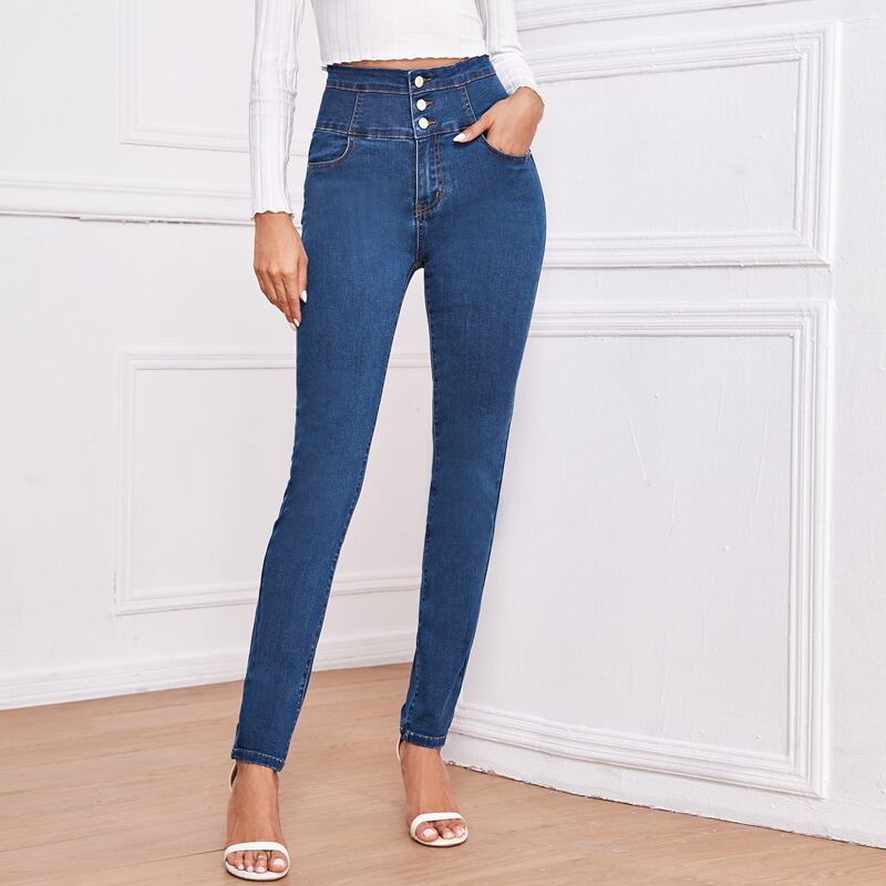 

Button Fly Wide Waistband Skinny Jeans, Dark wash