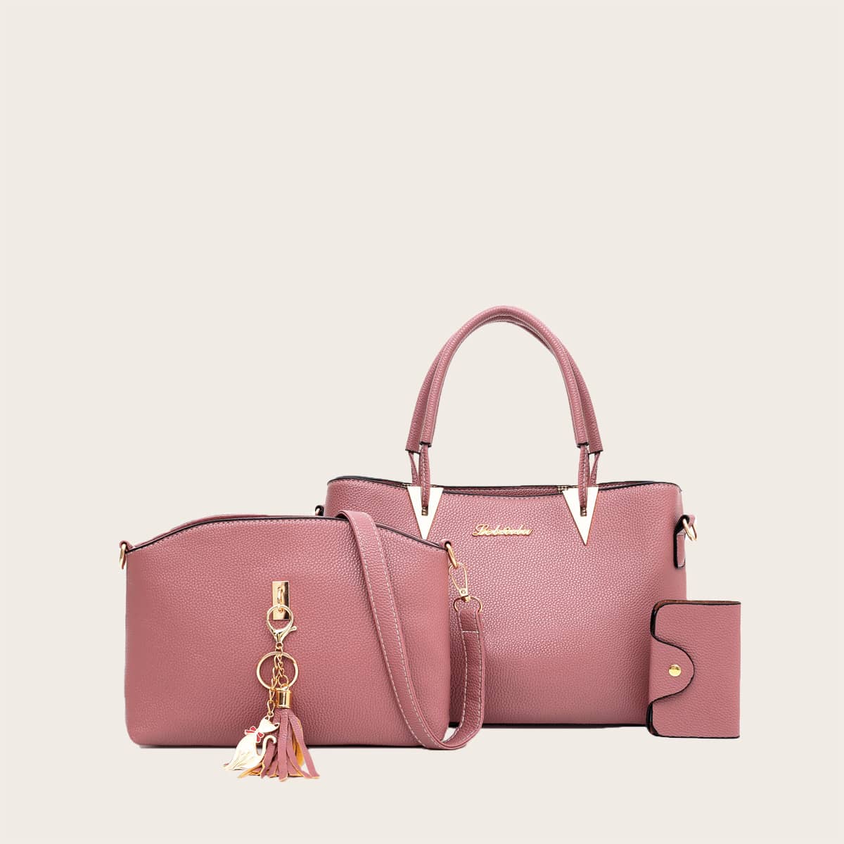 

3pcs Metal Decor Tote Bag Set, Pink