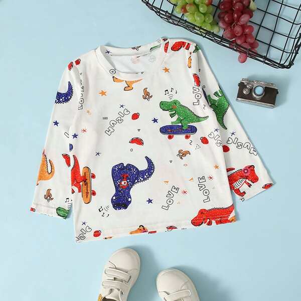 

Toddler Boys Cartoon Dinosaur & Letter Graphic Tee, White