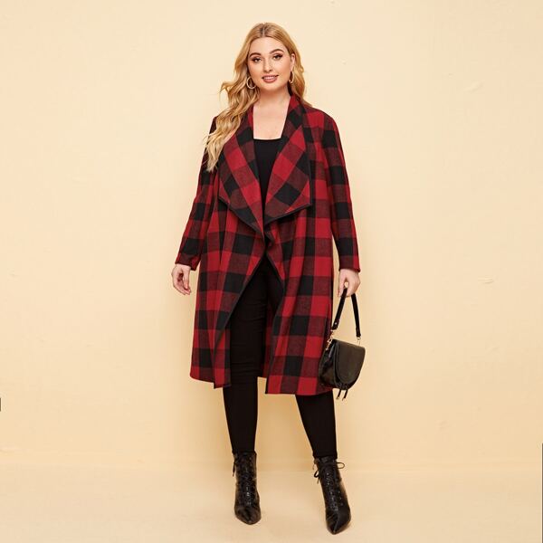 

Plus Waterfall Collar Binding Trim Buffalo Plaid Coat, Multicolor
