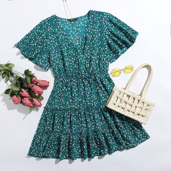 

Surplice Neck Flutter Sleeve Frill Trim Ditsy Floral Dress, Teal blue