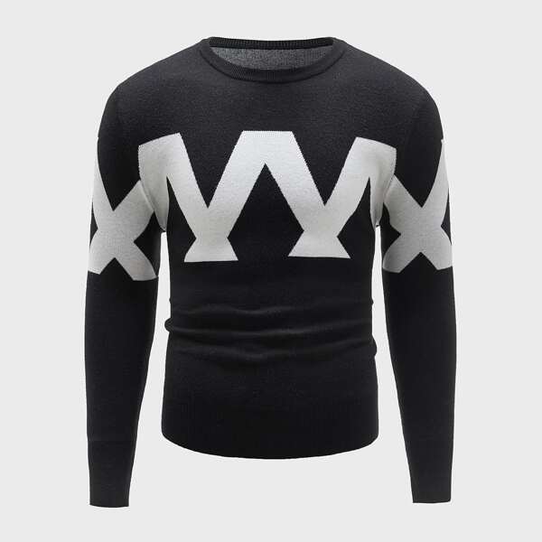 

Men Geo Pattern Round Neck Sweater, Black