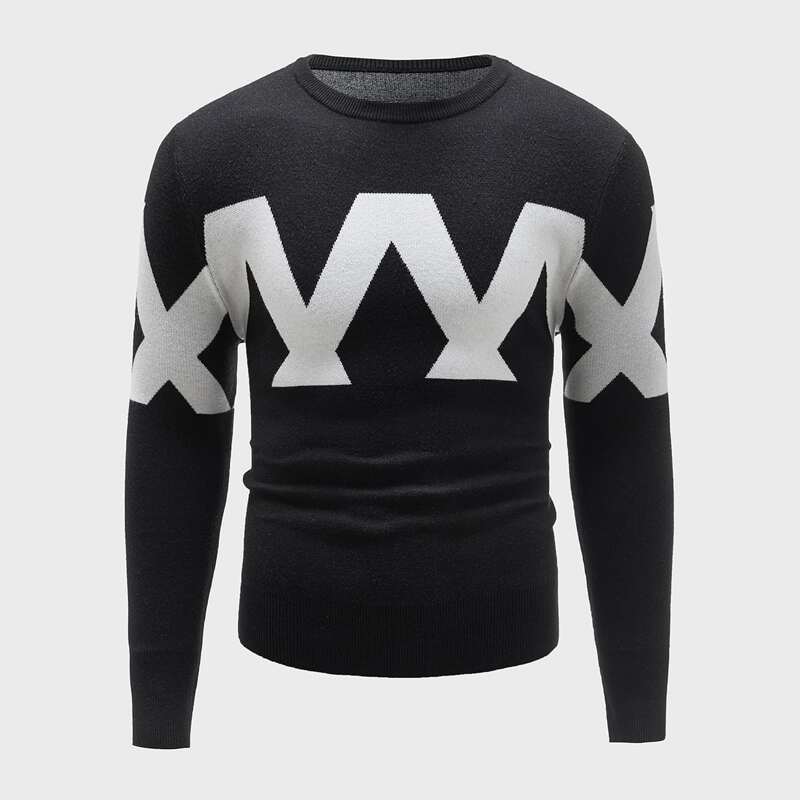 

Guys Geo Pattern Round Neck Sweater, Black