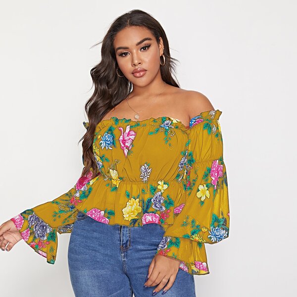 

Plus Off Shoulder Flounce Sleeve Floral Peplum Top, Mustard yellow
