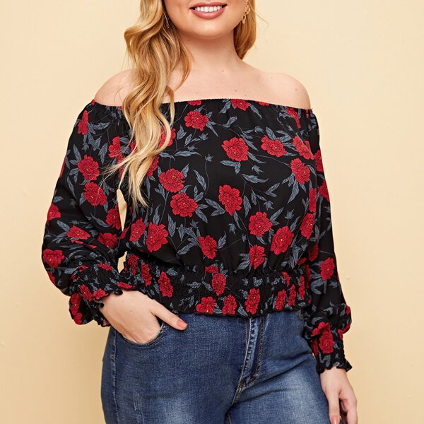 

Plus Allover Floral Print Shirred Detail Bardot Top, Multicolor