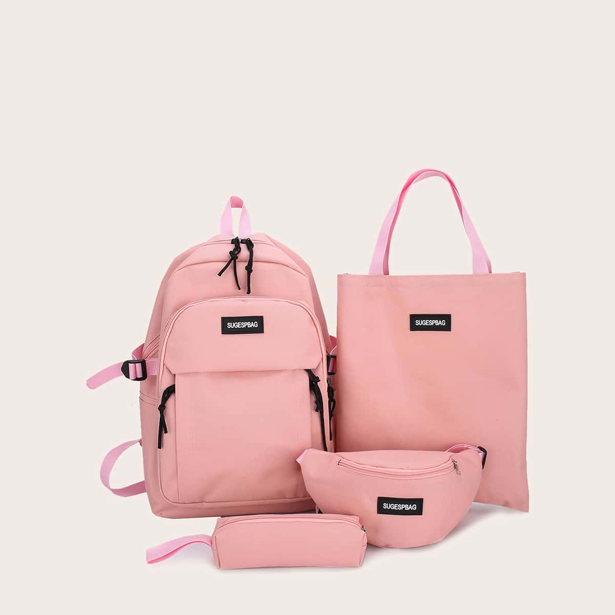

4pcs Letter Patch Backpack Set, Pink