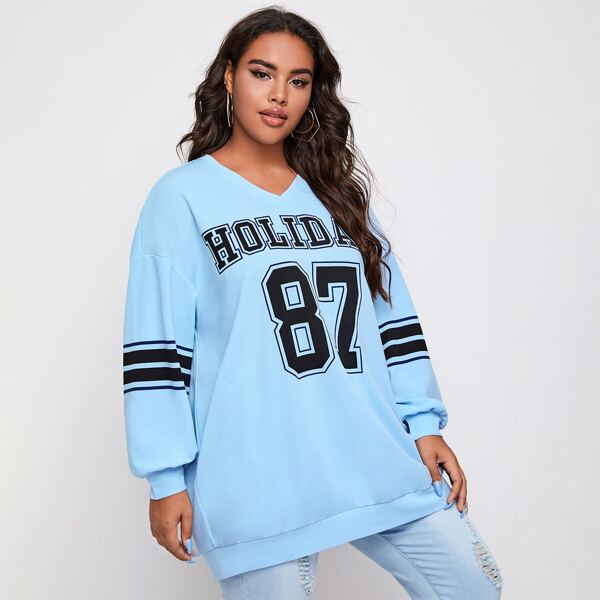 

Plus Letter & Digital Graphic Drop Shoulder Sweatshirt, Pastel baby blue