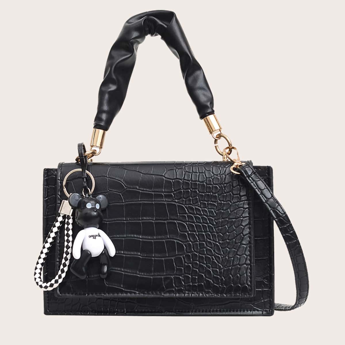 

Crocodile Satchel Bag With Bag Charm, Black