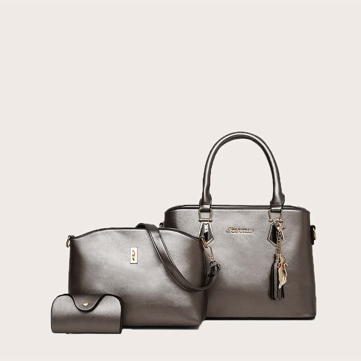 

3pcs Tassel Charm Satchel Bag Set, Grey