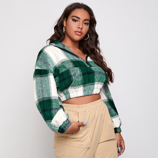 

Plus Plaid Zipper Front Crop Jacket, Multicolor