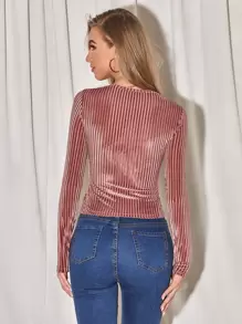 SHEIN Privé Ribbed Velvet Long Sleeve Tee - Dusty Pink - View 2