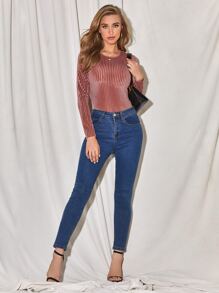 SHEIN Privé Ribbed Velvet Long Sleeve Tee - Dusty Pink - View 5