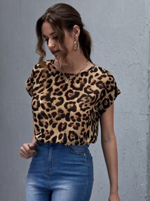 SHEIN LUNE Leopard Print Semi-Sheer Rolled Cuff Top - Multicolor - View 4