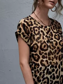 SHEIN LUNE Leopard Print Semi-Sheer Rolled Cuff Top - Multicolor - View 5