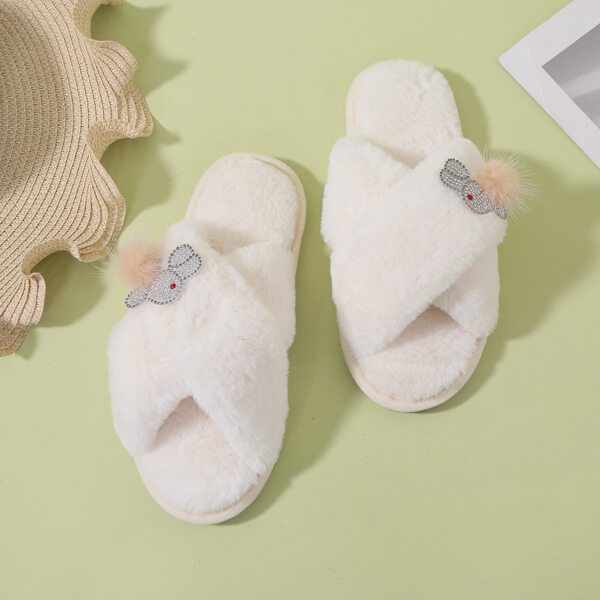 

Rhinestone & Pom-pom Decor Fluffy Slippers, White