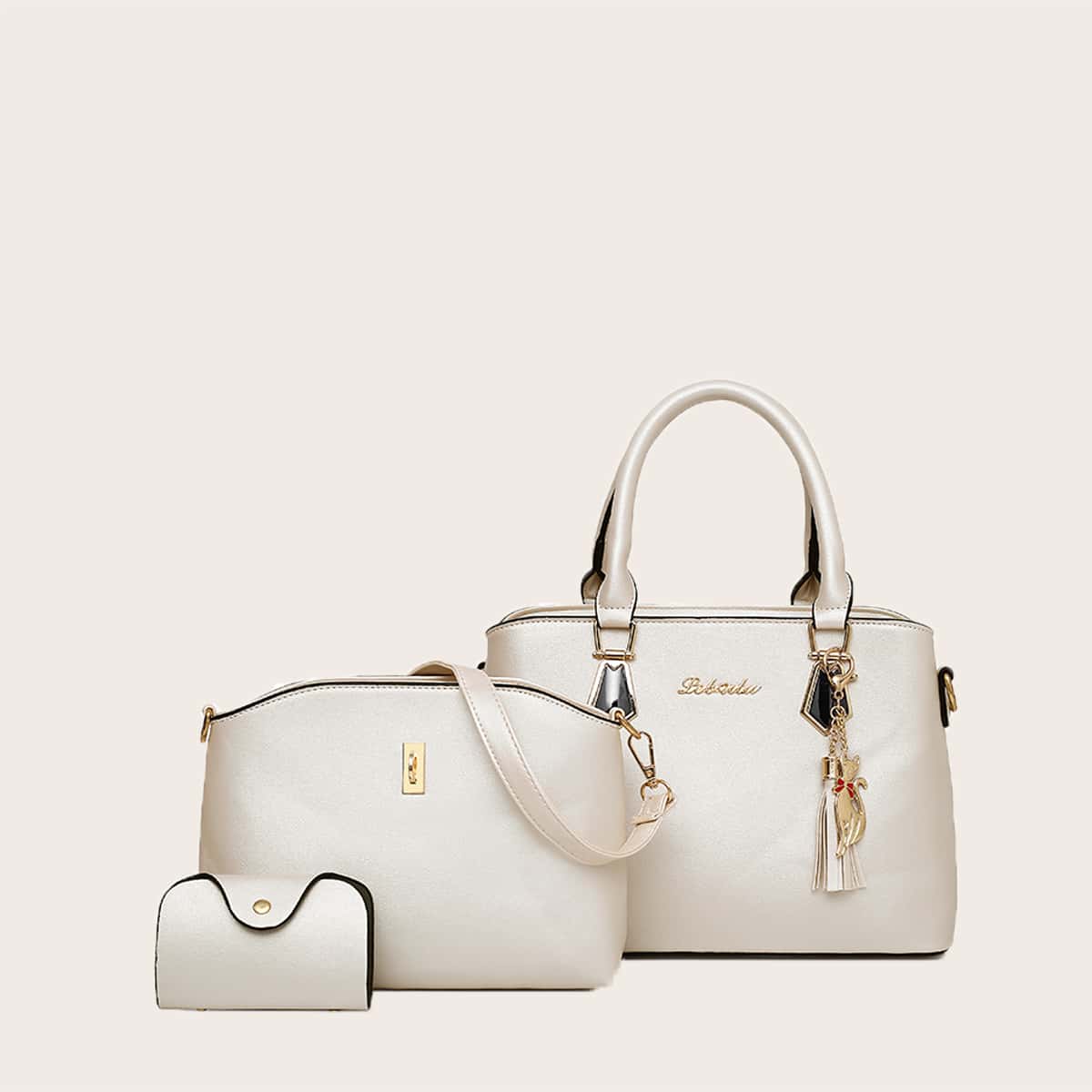 

3pcs Tassel Charm Satchel Bag Set, Beige