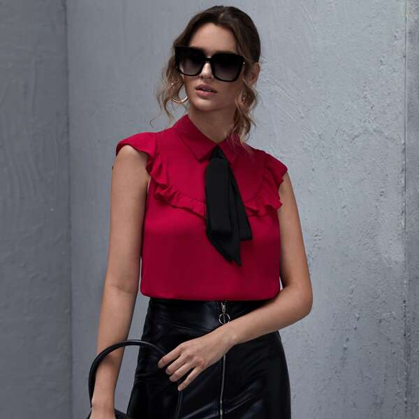 

Contrast Tie Neck Ruffle Trim Top, Rose red