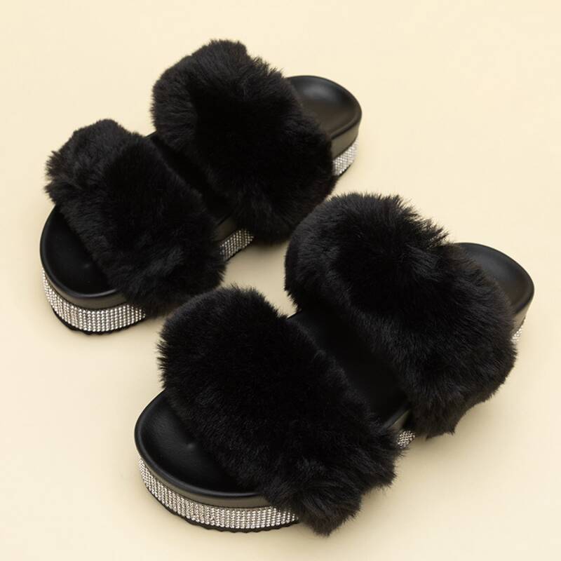 

Rhinestone Fluffy Slippers, Black