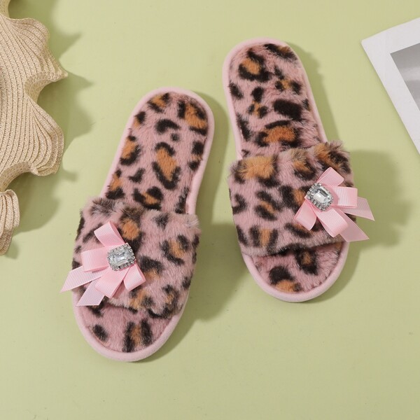 

Bow Decor Leopard Fluffy Slippers, Pink