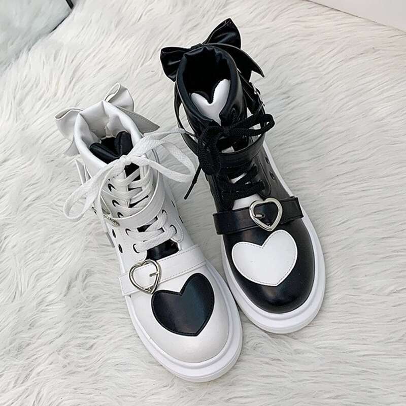 

Heart Bow Mismatched High Top Sneakers, Black and white