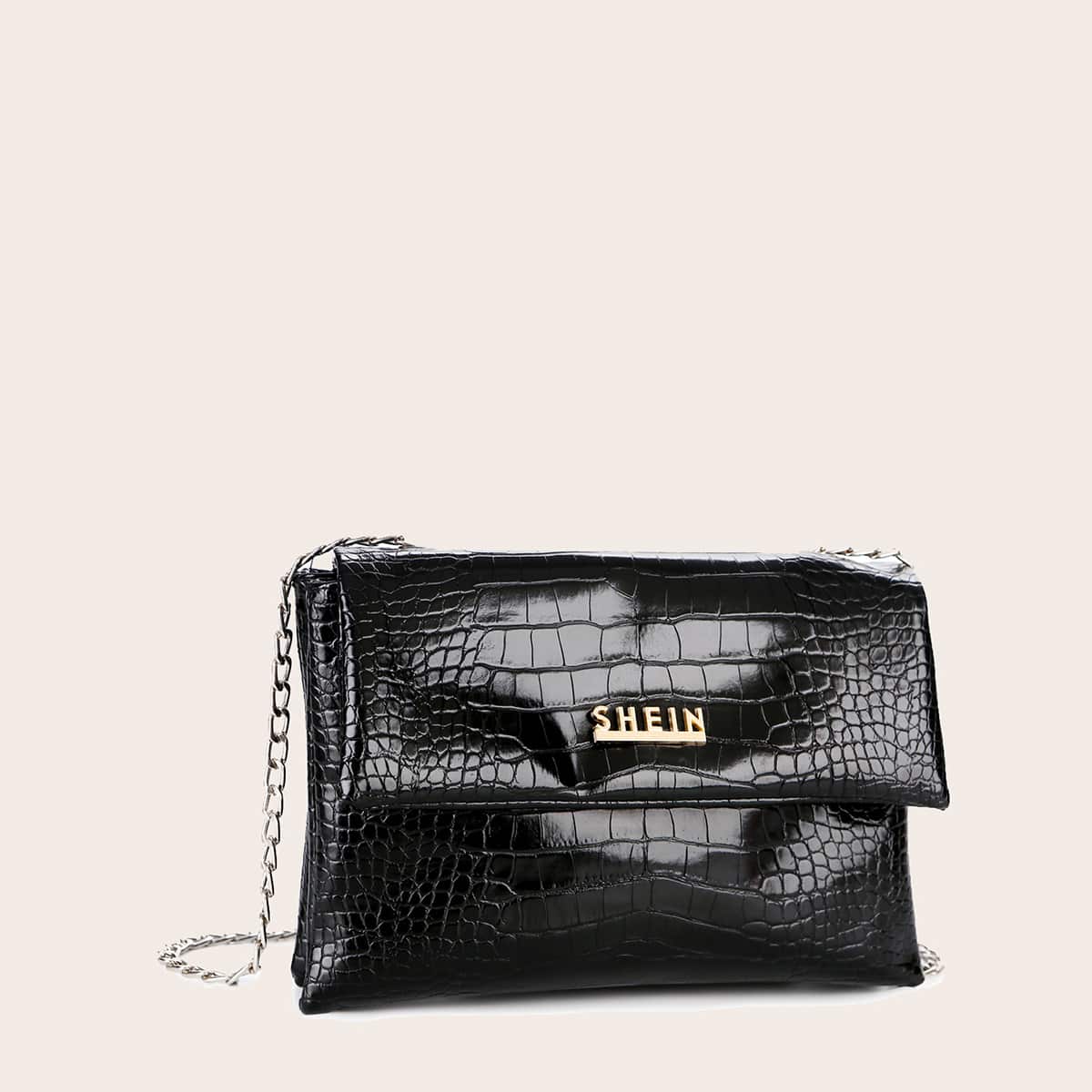 

Croc Embossed Chain Crossbody Bag, Black
