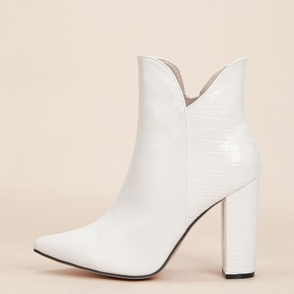 

Point Toe Croc Embossed Chunky Heeled Boots, White