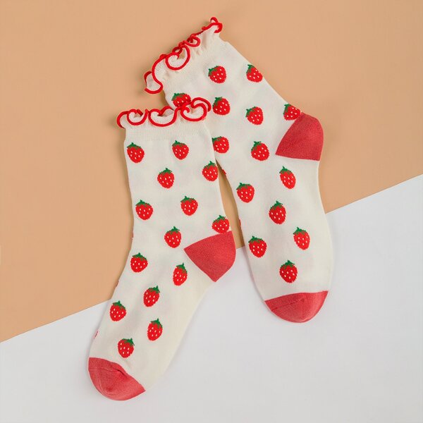 

Fruit Print Lettuce-Edge Crew Socks, Red and white