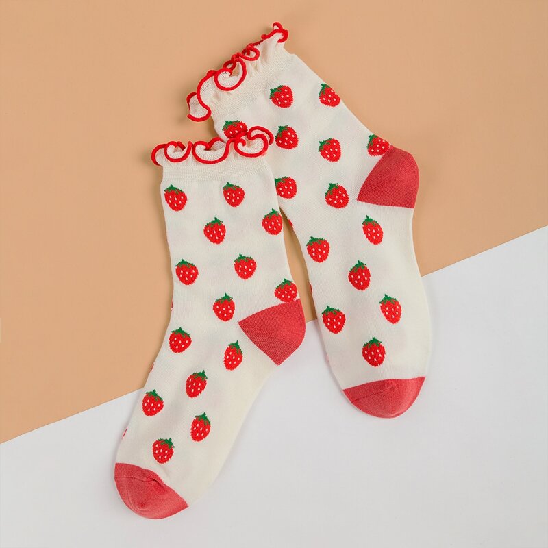 

Fruit Print Lettuce-Edge Crew Socks, Red and white
