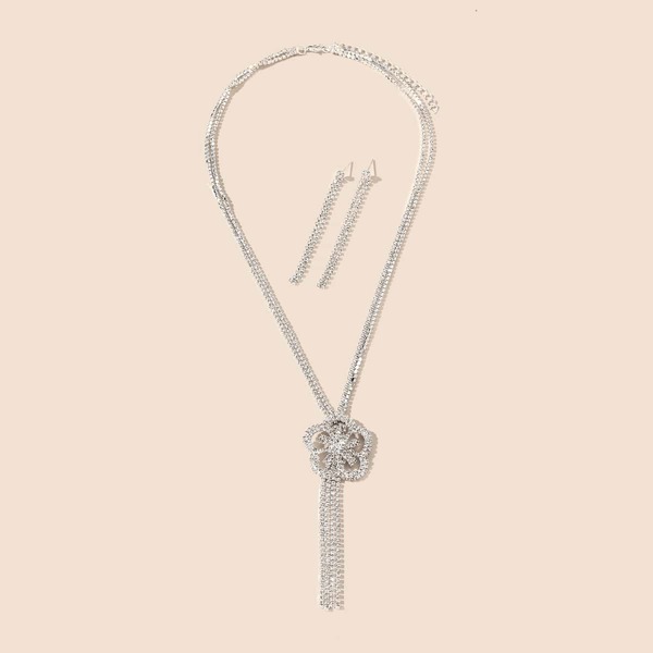 

1pc Rhinestone Decor Y Lariat Necklace & 1pair Drop Earrings, Silver