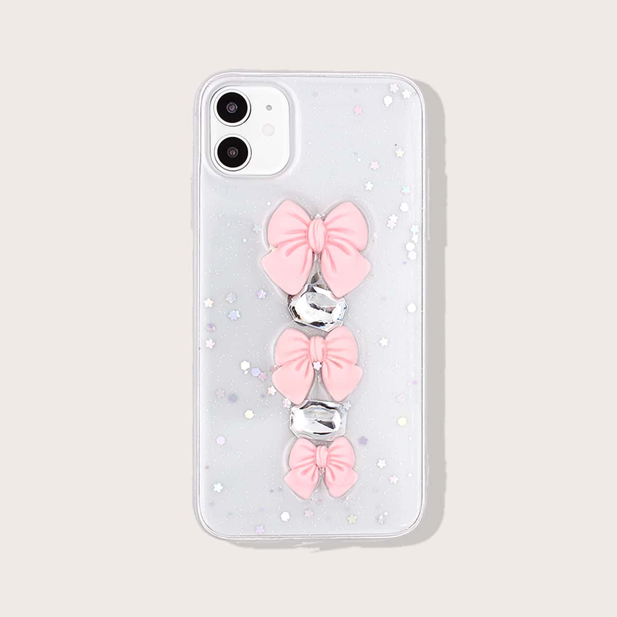 

1pc Rhinestone & Bow Decor iPhone Case, Pink clear