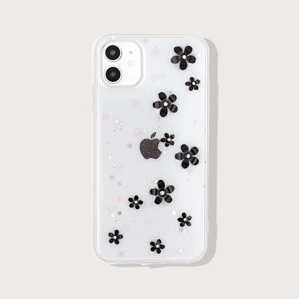 

1pc Flower Decor iPhone Case, Black