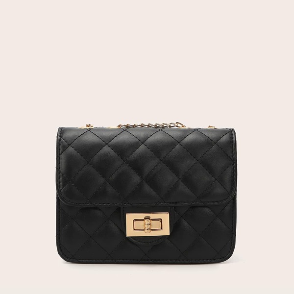 

Twist Lock Quilted Chain Bag, Black