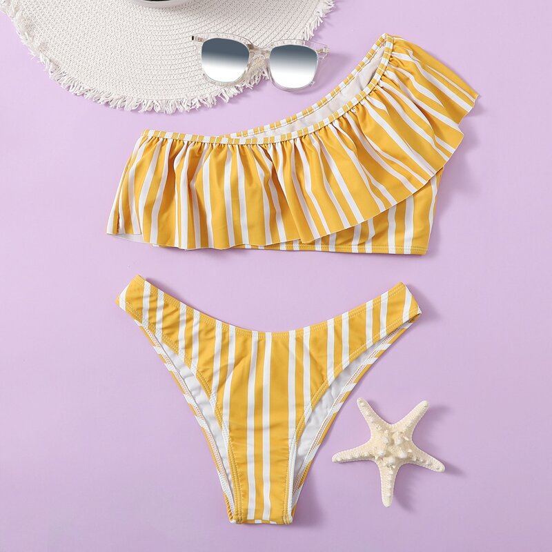 

Stripe Ruffle One Shoulder Bikini Swimsuit, Yellow