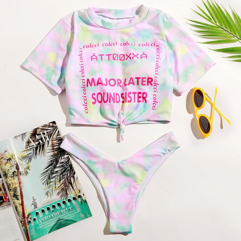

Letter Graphic Tie Dye Bikini Swimsuit, Multicolor