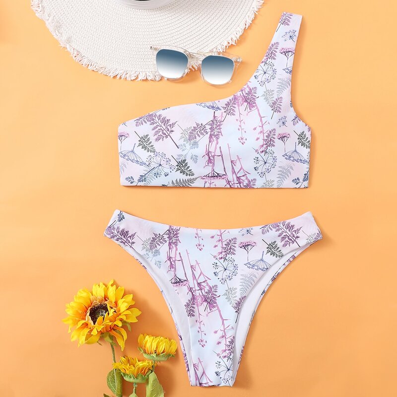 

Plants Print One Shoulder Bikini Swimsuit, Multicolor