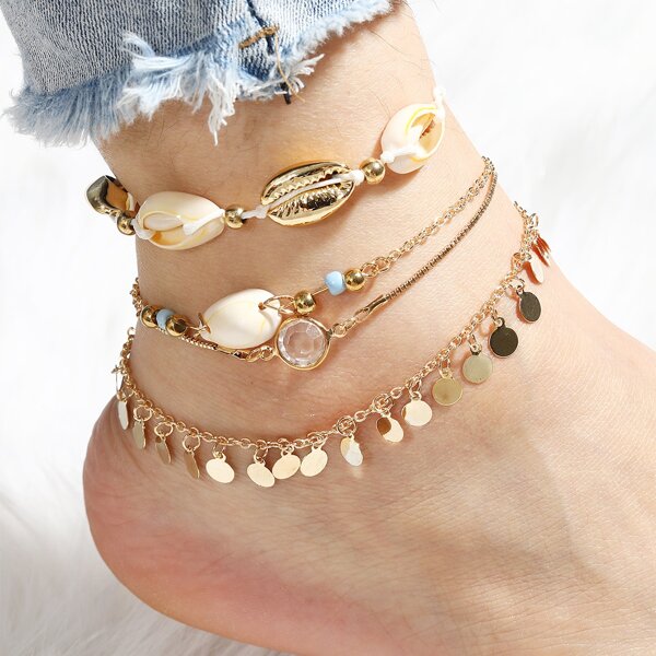 

4pcs Shell & Disc Charm Anklet, Gold