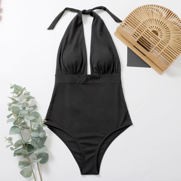 

Rib Plunging Halter One Piece Swimsuit, Black