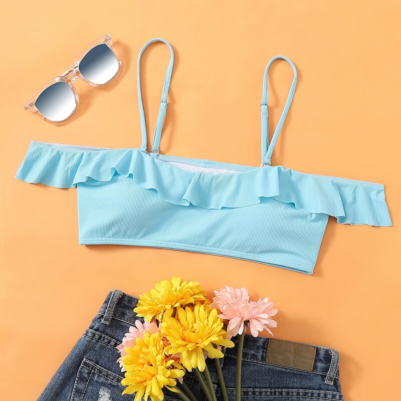 

Ruffle Trim Ribbed Bikini Top, Baby blue