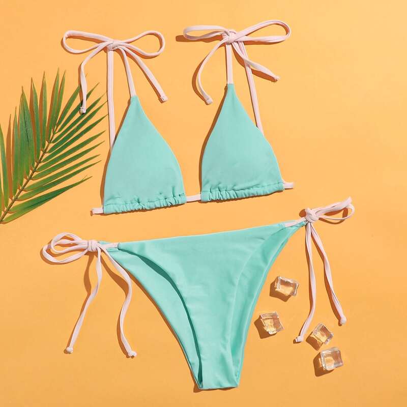 

Solid Triangle Tie Side Bikini Swimsuit, Mint green