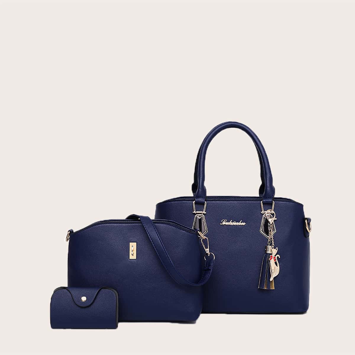 

3pcs Tassel Charm Satchel Bag Set, Blue