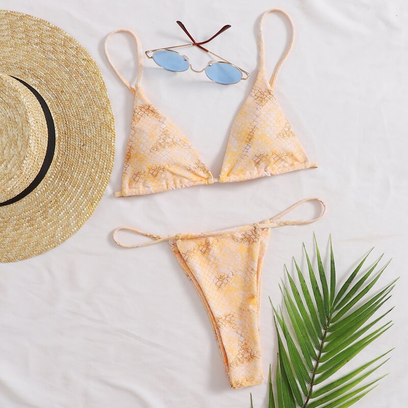 

Crocodile Triangle Thong Bikini Swimsuit, Orange pastel