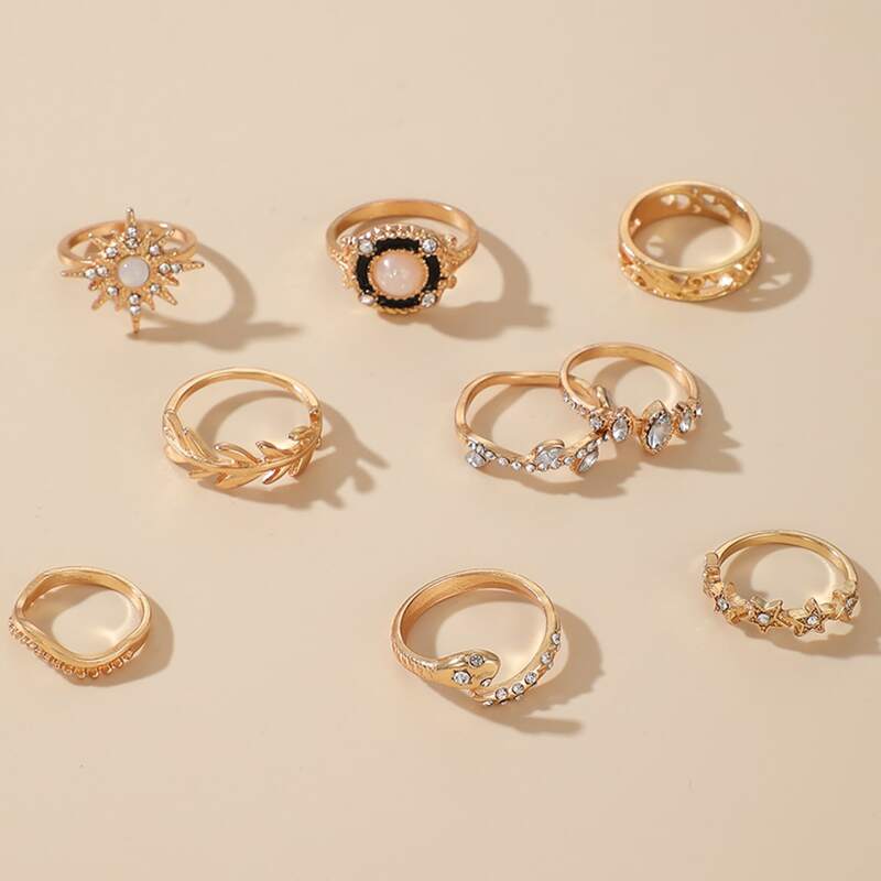 

9pcs Rhinestone Star Ring, Gold