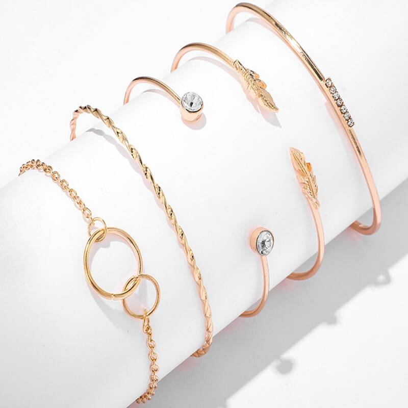 

5pcs Rhinestone Leaf Bracelet, Gold