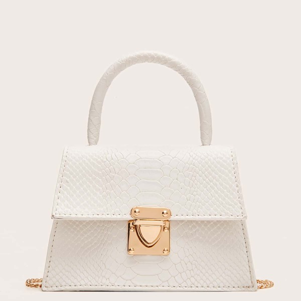 

Snakeskin Embossed Top Handle Satchel Bag, White