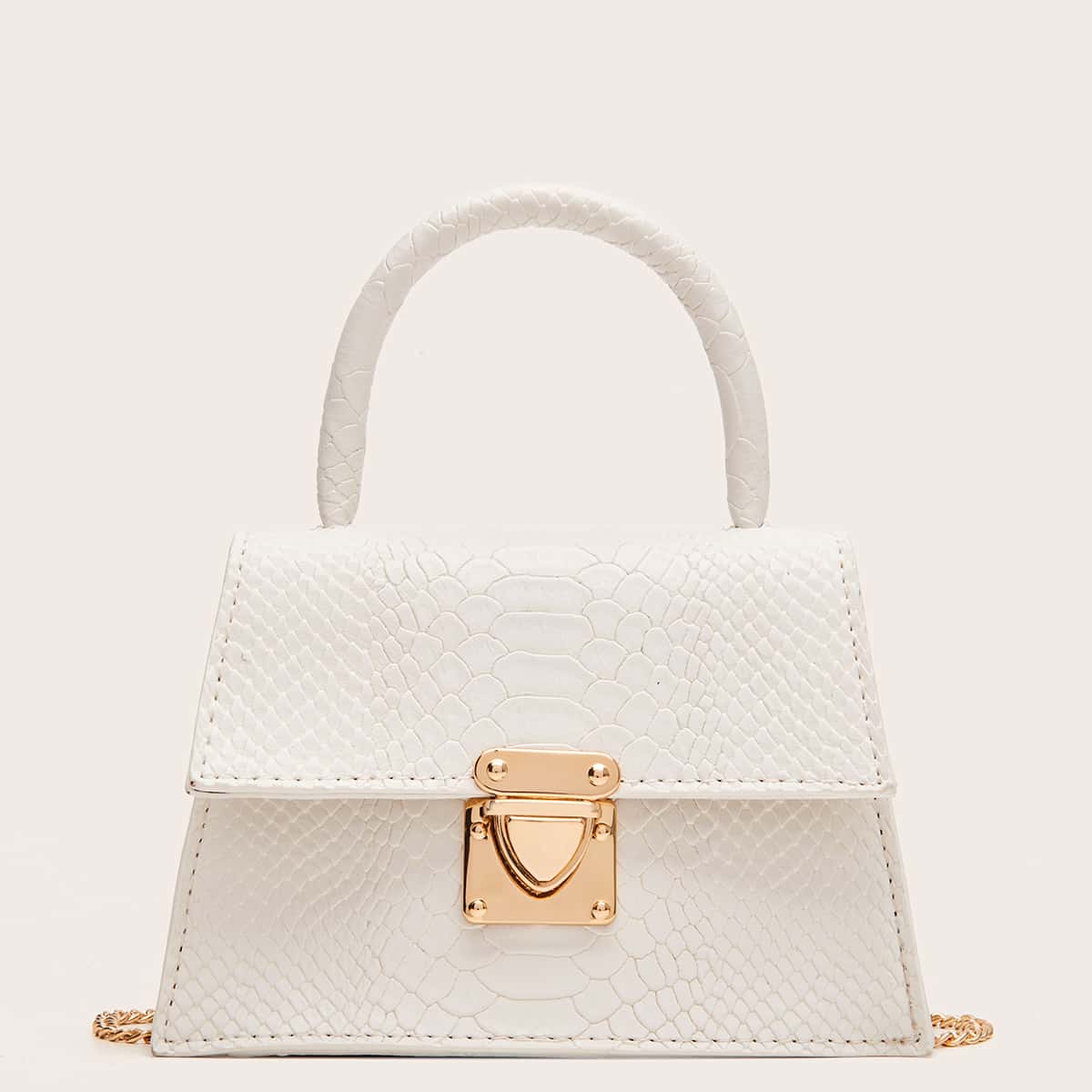 

Snakeskin Embossed Top Handle Satchel Bag, White