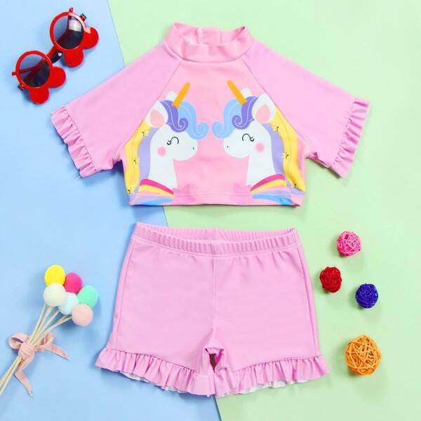 

Toddler Girls Unicorn Print Ruffle Trim Bikini Swimsuit, Pink