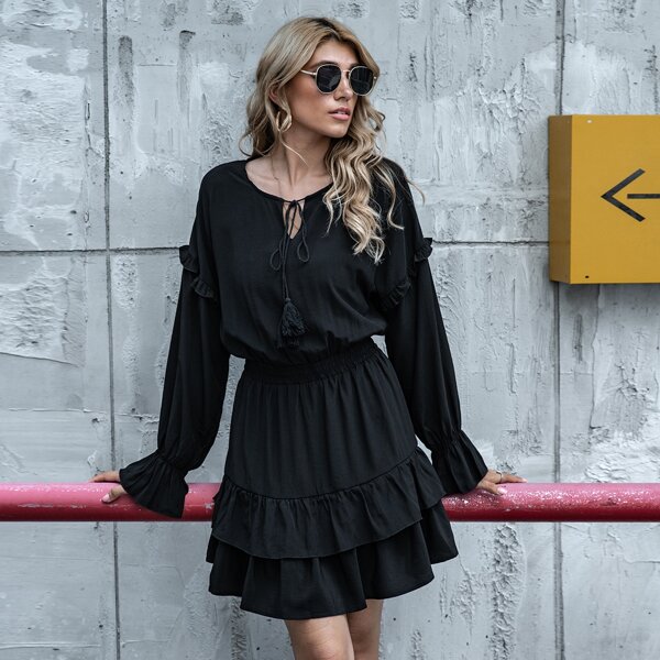 

Fringe Tie Neck Layered Hem Dress, Black