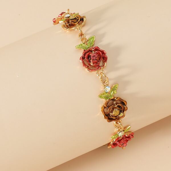 

Flower Decor Chain Bracelet, Coffee brown