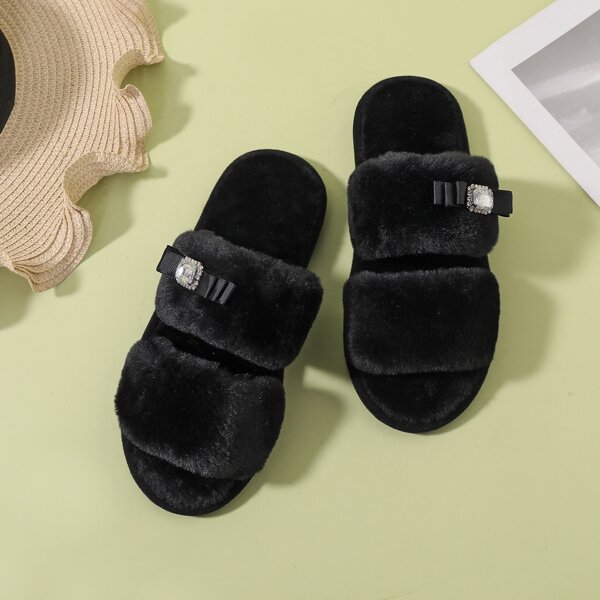 

Rhinestone Decor Fluffy Slippers, Black