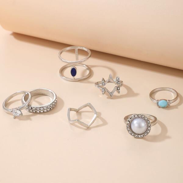 

7pcs Rhinestone Decor Ring, Silver